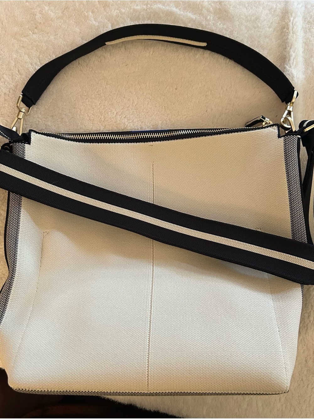 Rothy's Cream and Black Striped-Trim Shoulder Bag